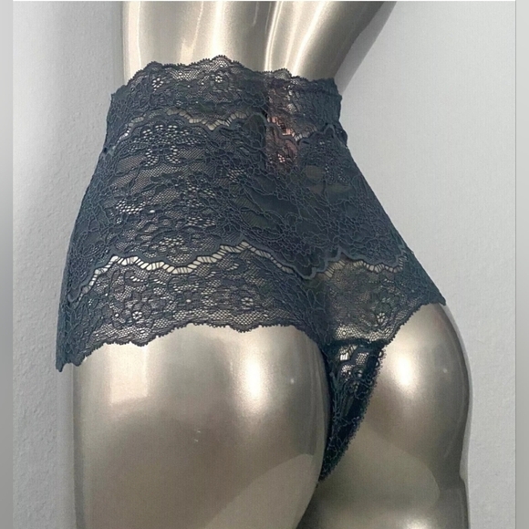 Victorias Secret Dusty Blue Corded Lace Nwt Black High Waist Thong Panties Small - Picture 3 of 3